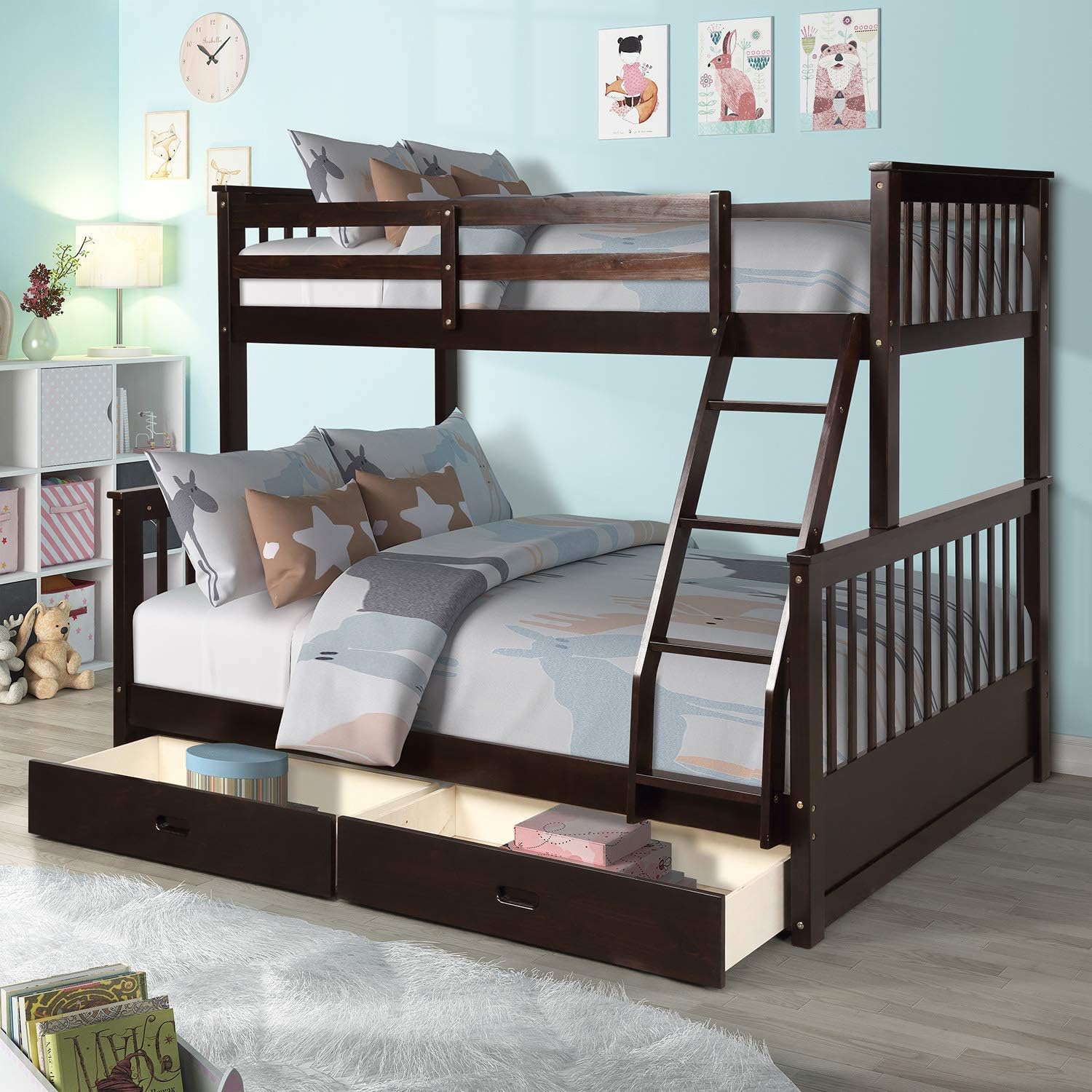 MOOSENG, Solid Wood Twin Over Full Bed with Ladders and Two Storage Drawers,Safety Rail, for Kids Teens Adult Bunk, Coffee