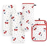 Kate Spade New York Cherry Dot Kitchen Towel, Oven Mitt & Pot Holder 4-Pack Set, 17" x 28", 7" x 13", 7" x 10", White/Red/Blue
