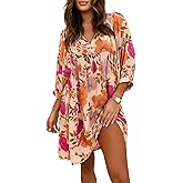 miduo Womens Casual V Neck Summer Half Sleeve Bohemian Floral Mini Tunic Short Dresses