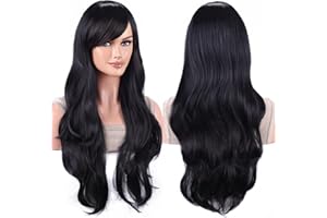 AneShe Wigs 28 Inch 70cm Long Curly Wavy Hair Wig Heat Resistant Cosplay Wig with Wig Cap (Black)