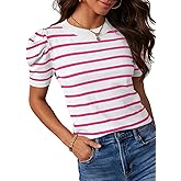 Dokotoo Women's Short Puff Sleeve Knit Tops 2026 Trendy Crewneck Striped T Shirts Casual Summer Blouses