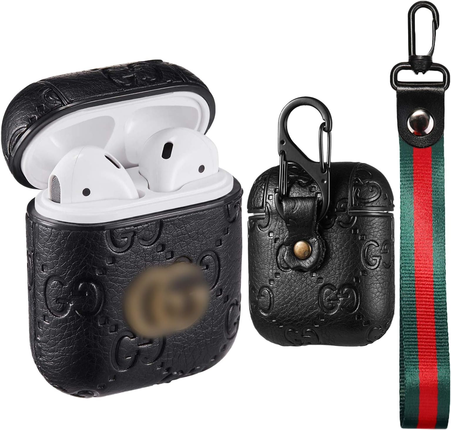 Punswan for Airpods 1&2 Case, Classic Luxury Character Soft Leather Stylish Cover, Fashion Elegant Cool Keychain Style Design Skin, Cases with Lanyard Chain,for Girls Women Men Air pods (BlackG Chain)