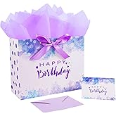 Jaywayang 12.6" Large Purple Happy Birthday Gift Bag with Ribbons, Card and Tissue Papers for Girl Women Birthday Party.