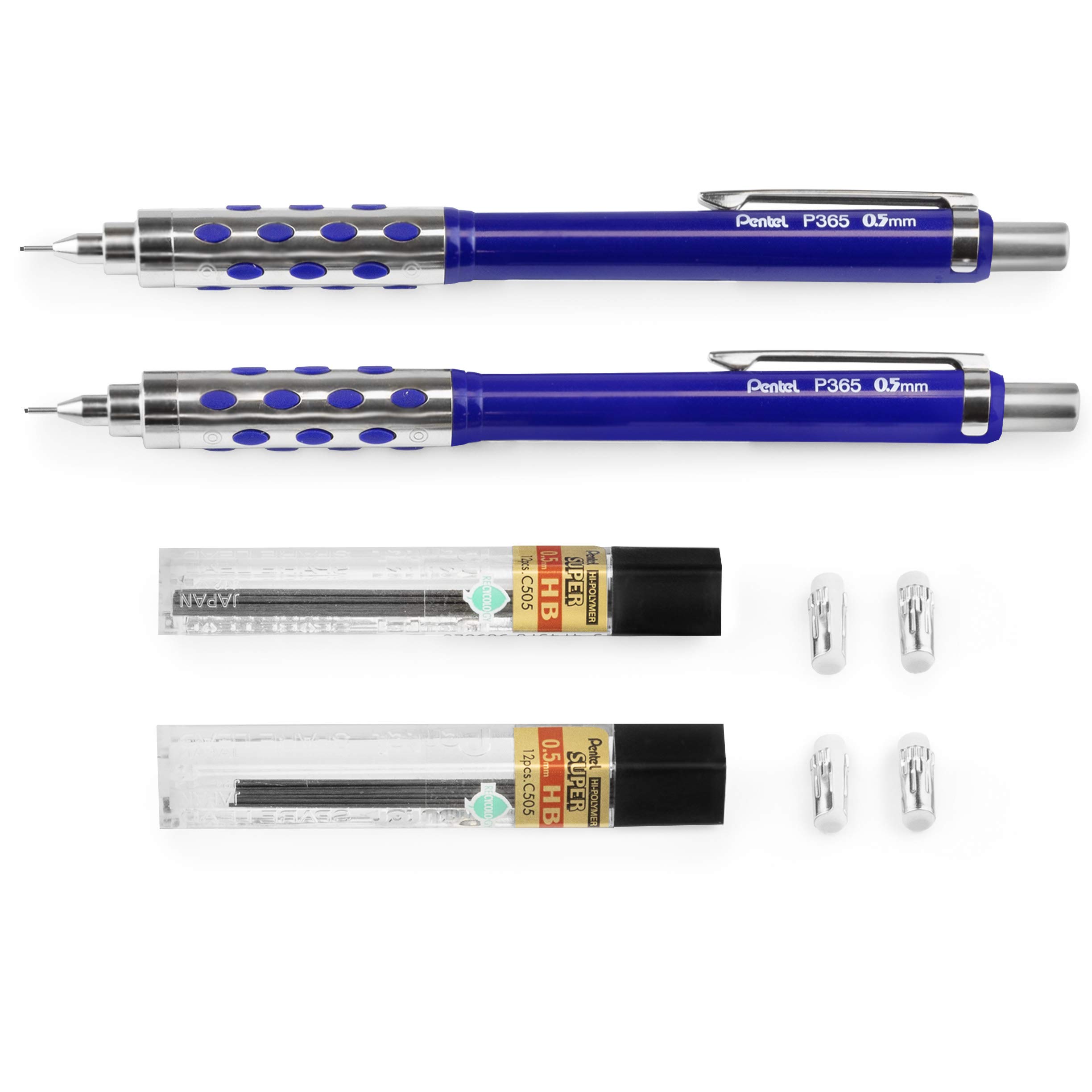 Pentel P365 Automatic Mechanical Pencil - 0.5mm - Blue Barrel - Pack of 2 + 24 HB Super Leads + 4 Eraser Refills