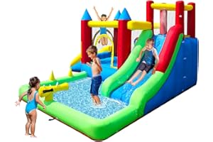 COCOFISH 9-in-1 Inflatable Water Slide for Kids Age 3-6, Outdoor Blow Up Bounce House Water Park with Dual Slides, Climbing Wall, Splash Pool, Water Cannons, Jumping Area, Backyard Water Slide with Blower