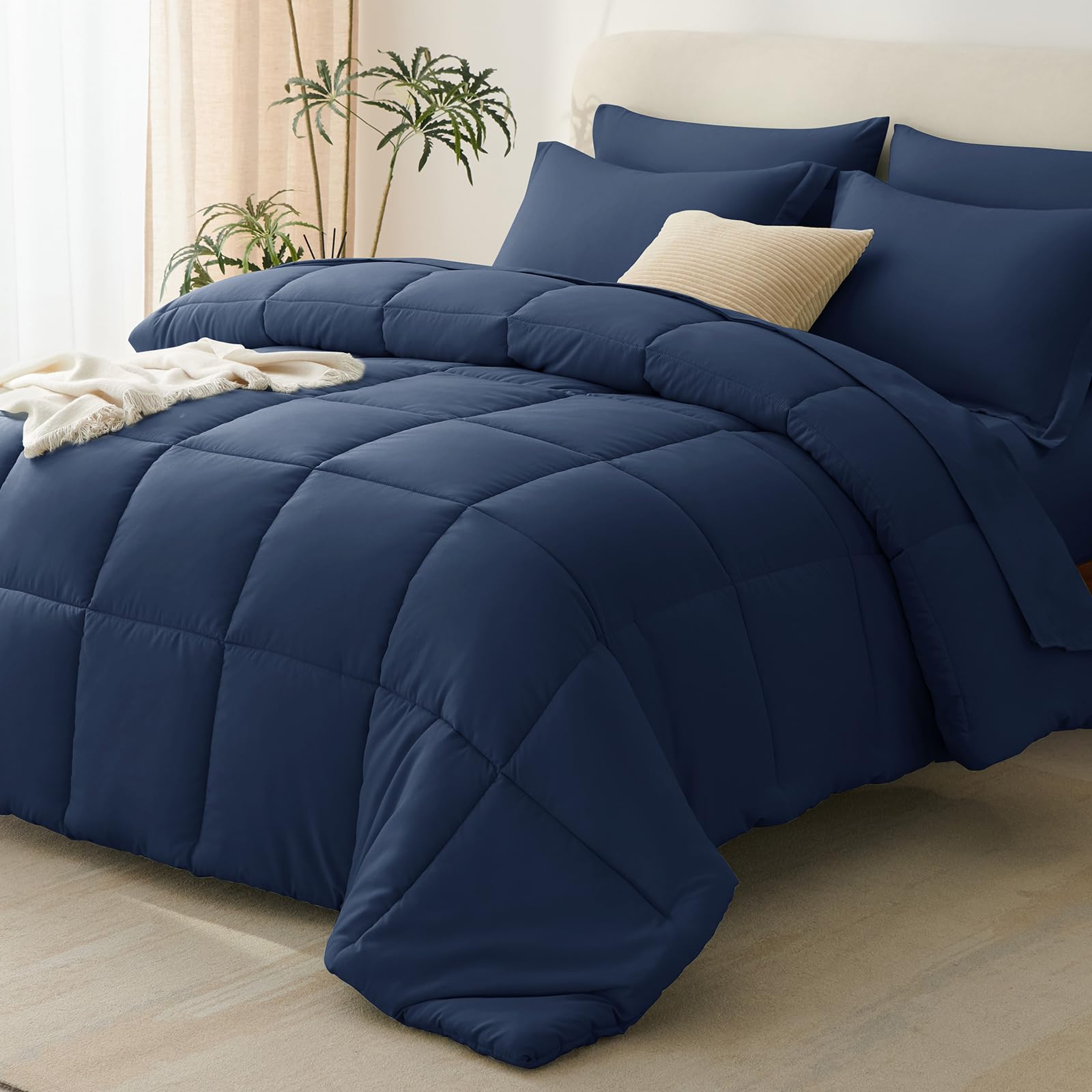 CozyLux Queen Comforter Set Navy Blue - 7 Pieces Bed in a Bag Queen, All Season Breathable Bedding Sets, Oeko-Tex Certified Bed Set with Down Alternative Comforter, Sheets, Pillowcases & Pillow Shams Image
