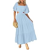 LEANI Women's 2025 Summer Cutout Maxi Dress Square Neck Short Sleeve Crossover Waist Casual Party Dresses