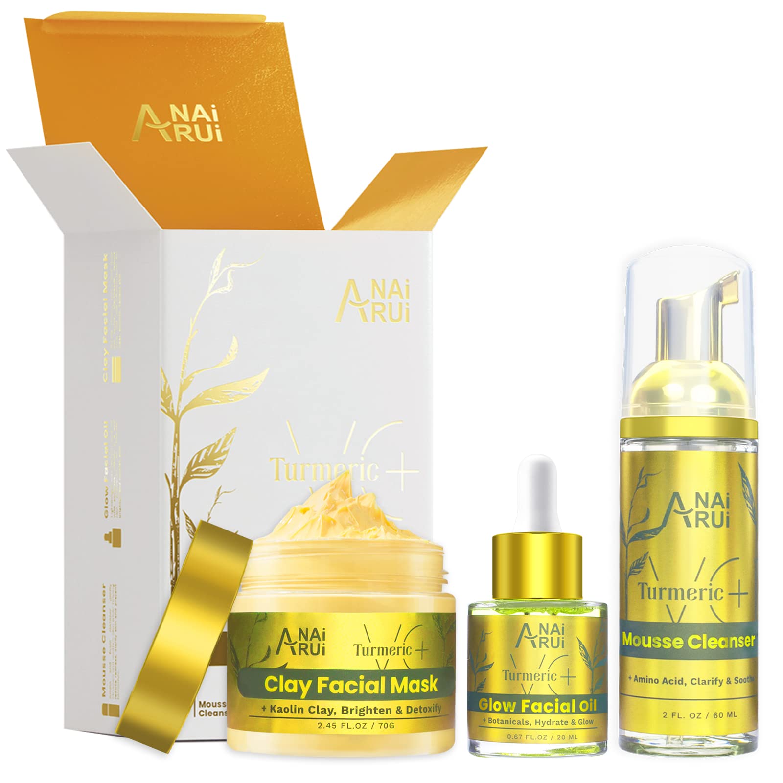 ANAiRUi Turmeric Skincare Gifts Set for Women, Face Masks Skin Care, Facial Spa Mask Kit, Vitamin C Turmeric Face Clay Mask + Foaming Cleanser + Turmeric Face Oil, Rituals Valentine's Day Gift