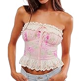 Naileksi Women Strapless Lace Trim Floral Print Tube Top Y2k Coquette Fitted Bowknot Ruffle Peplum Bustier Bandeau Tank