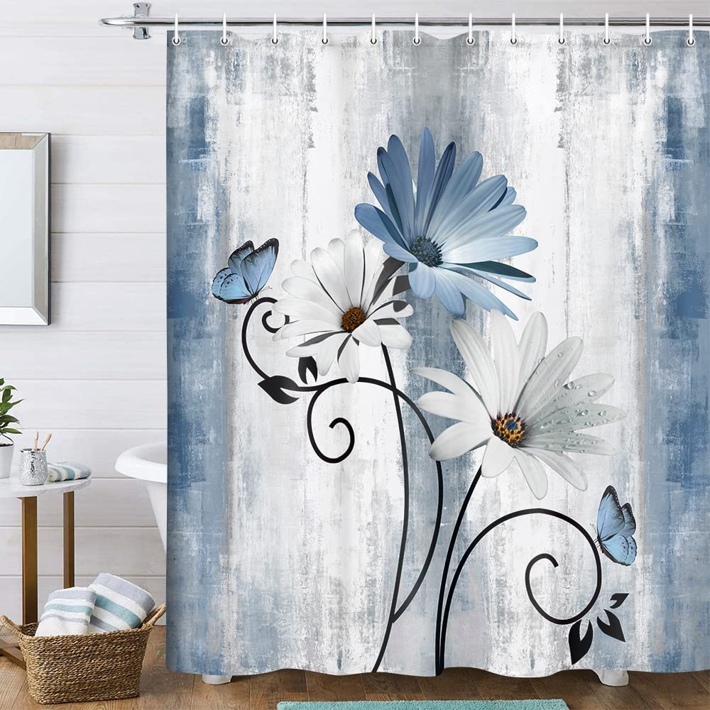 FLCSIed Rustic Farmhouse Shower Curtain, Farm Purple Daisy Floral Flowers and Butterfly on Country Wooden Shower Curtain for Bathroom Shower Curtains with 12PCS Hooks 72x72 Inch (Teal)