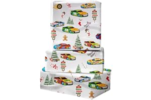 ZINTBIAL Race Car Christmas Wrapping Paper - Xmas Gift Wrap with Holiday Trees, Gingerbread Men, Snowflakes & Snowmen Design- Perfect for Kids & Adults Gift Wrapping - 40×28 Inches, 4 Folded Sheets