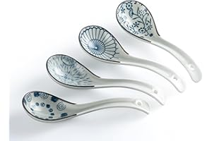 4Pcs Asian Soup Spoon,Chinese Ceramic Soup Spoons,Non-Slip Japanese Soup Spoon,Ramen Spoons with Hook for Rice Pho Miso Soup 