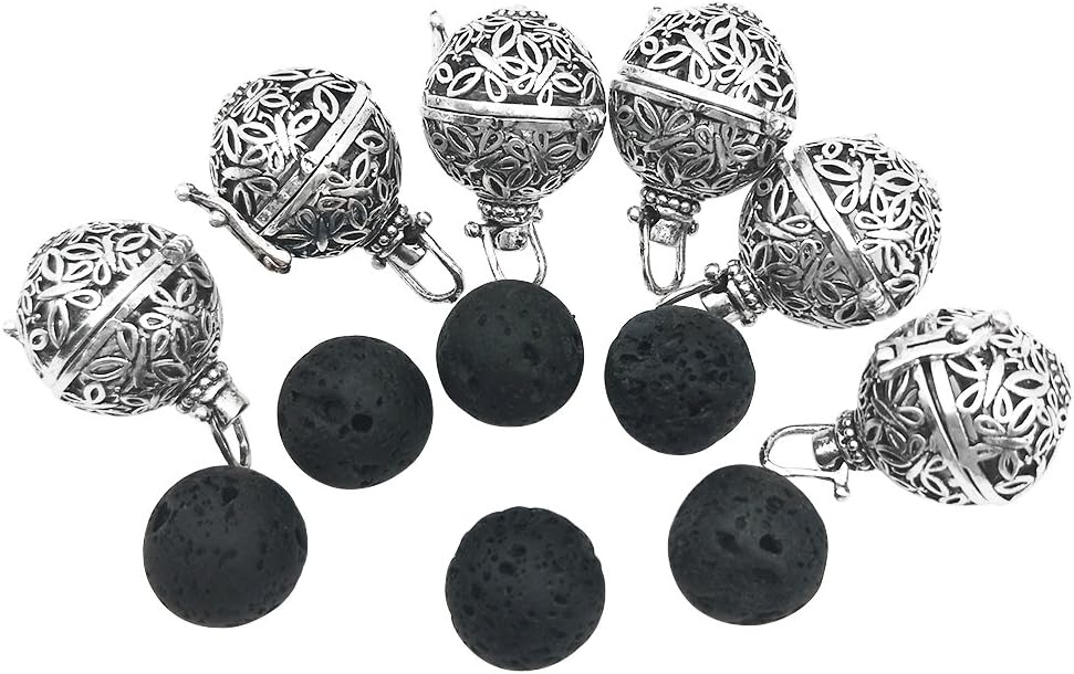 6Pcs Small Size Diffuser Locket Aromatherapy Essential Oils Pendant Cage Locket Bulk with 6 Black Lava Stone Rock Beads Balls Set for Necklace Bracelet Jewelry Making by Afantti, Bright Silver