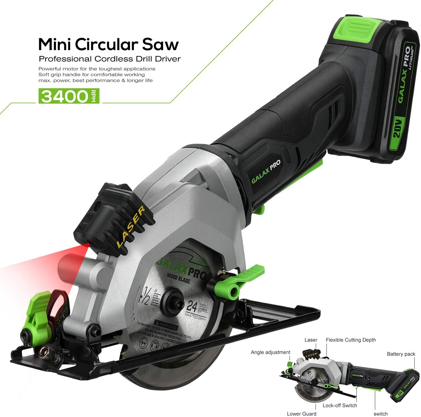 GALAX PRO Mini Circular Saw, 20V 3400RPM Professional Cordless Circular Saw - Image 3