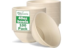 BIONUTRIO 40oz Large Compostable Sugarcane Bowls - 100 Pack, Heavy Duty & Microwavable Safe, Biodegradable Paper Bowls for Hot Soup, Salad, Snacks