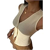 SOLY HUX Women's Button Down V Neck Vest Top Summer Sleeveless Textured Fitted Tank Shirts