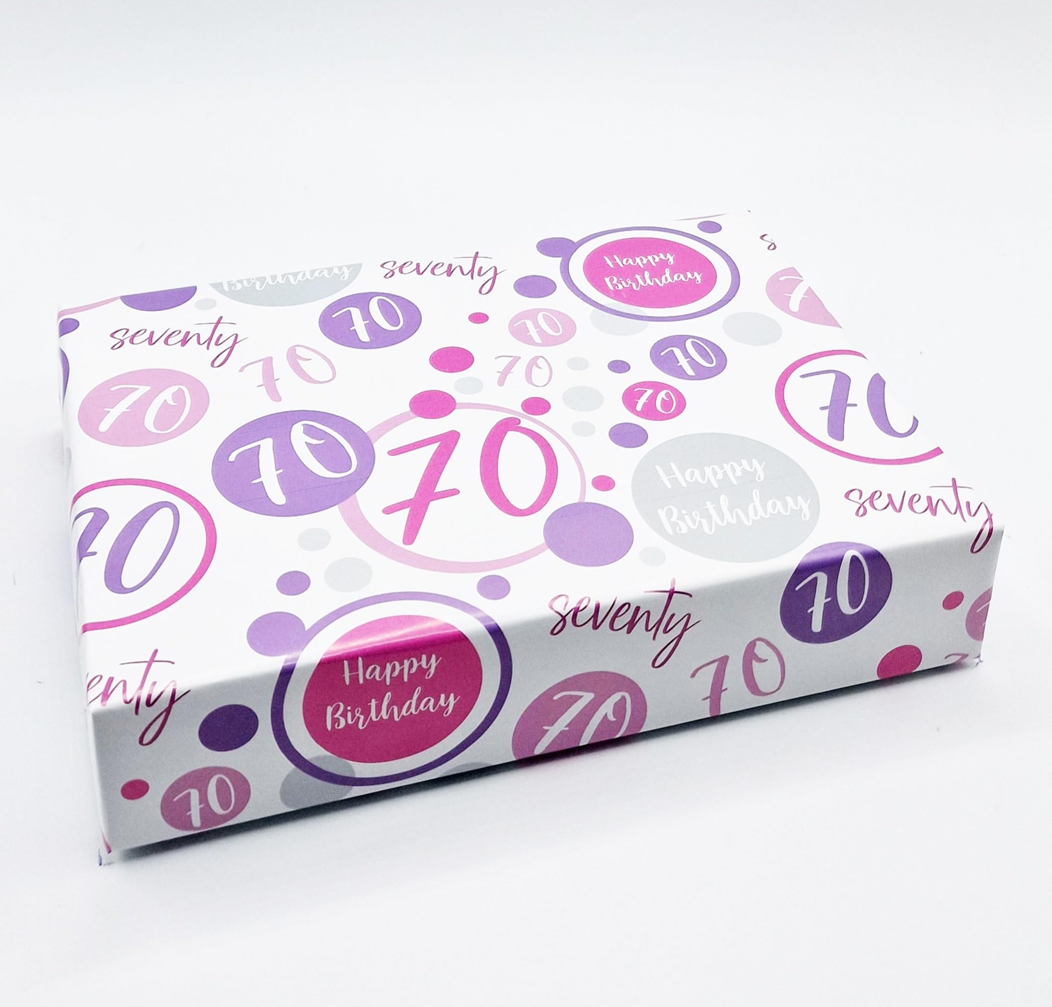 2 Sheets + 2 Matching Gift Tags 70th Birthday Woman Wrapping Paper Age 70 Birthday Pink Lilac White Giftwrap Female (PA)