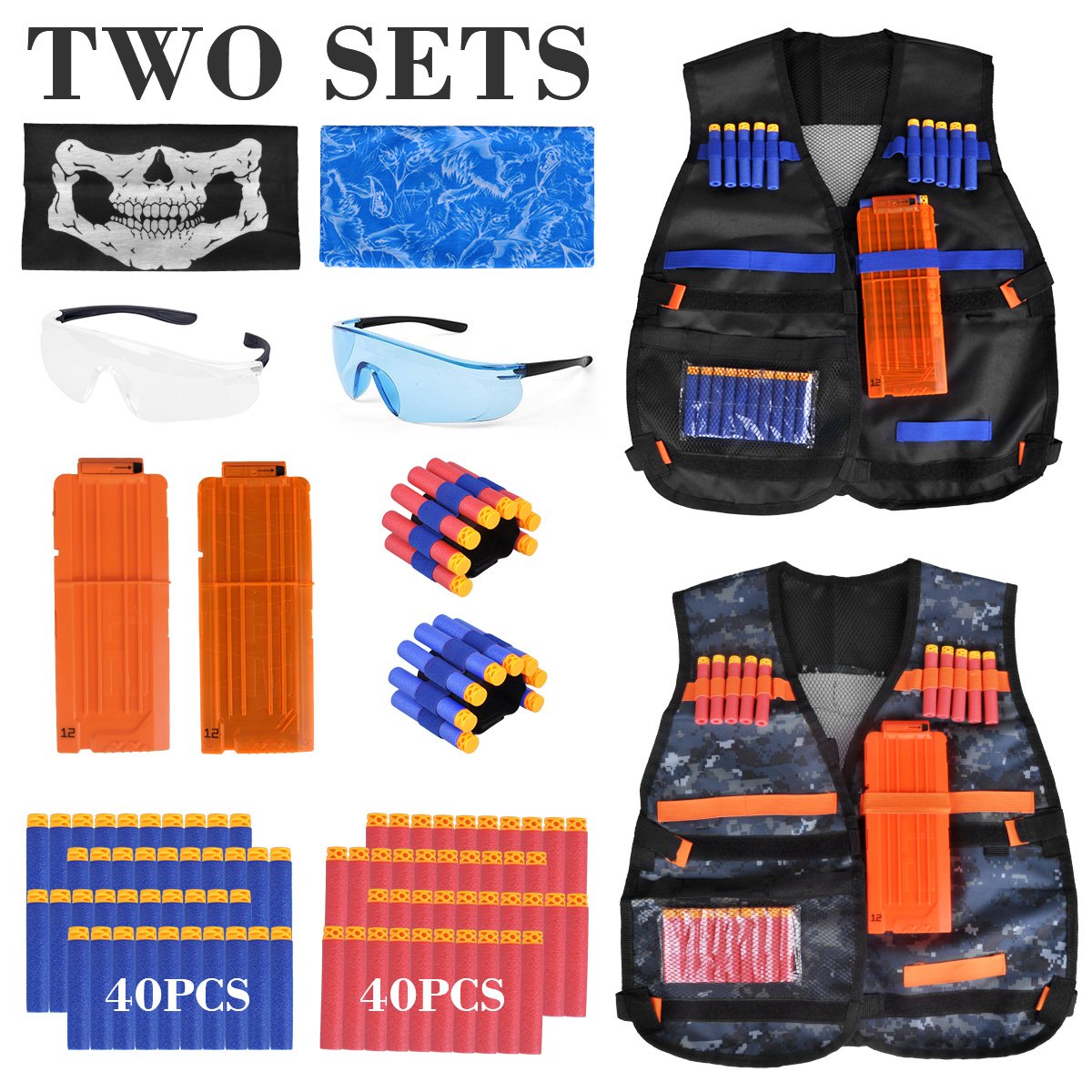 Kids Tactical Vest, 90 Pieces 2 Team Sets Adjustable Tactical Vest for Nerf Guns N-Strike Elite Series with Refill Bullets, Tactical Vests, Reload Clips, Face Masks, Wrist Bands& Glasses for Grouping