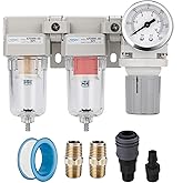 NANPU 1/4" NPT Air Drying System - 5 Micron Particulate Filter, 0.01 Micron Coalescing Filter, Air Pressure Regulator Combo - Semi-Auto Drain, Poly Bowl w/Metal Gauge