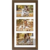 Golden State Art, 7x14 Picture Frame, Brown Solid wood with Tempered Glass, three 4x6 Collage Frame, Multi Picture Frame for Wall Hanging -1 Pack