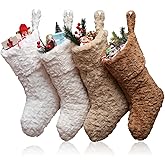 4 Pcs 18 Inch Neutral Personalized Christmas Stockings Bulk with Name Tags, Large Plush Rustic Farmhouse Xmas Stocking Modern Brown Decor for Fireplace Holiday Family(White Beige Camel Light Brown)