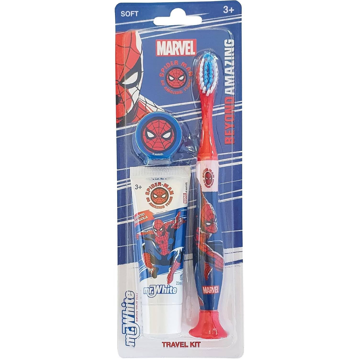 Marvel Spiderman Kids Toothbrush Travel Set – Includes Mint-Flavoured Toothpaste & Soft-Bristle Toothbrush with Suction Cup & Protective Cap | Travel-Friendly Oral Care Kit for Children Ages 3+