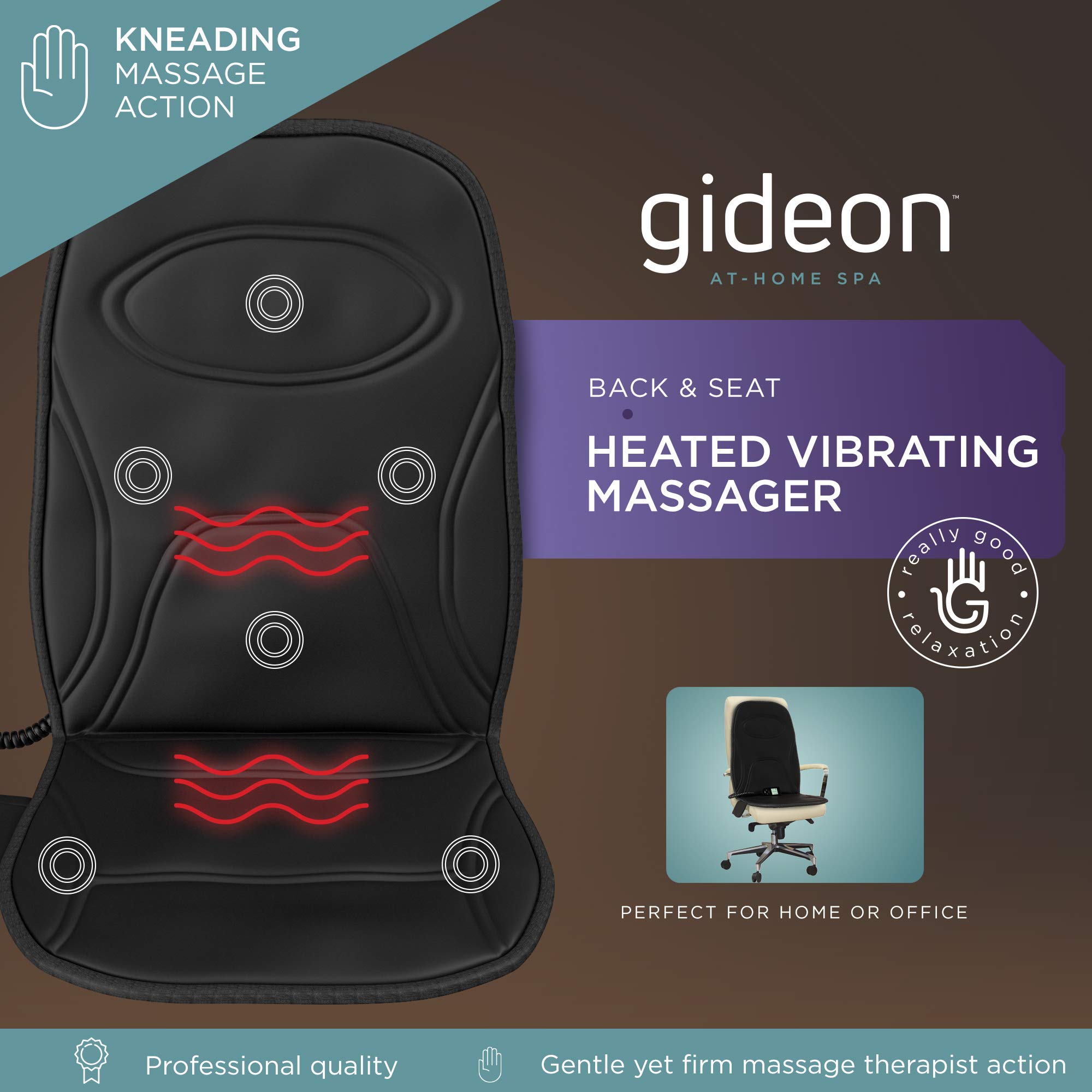Gideon Powerful Vibrating Massager Seat Cushion for Back, Shoulder and Thighs with Heat Therapy / 8-Massaging Programs - Massage, Relax, Sooth and Relieve Thigh, Shoulder and Back Pain