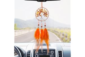 LOMOHOO Dream Catcher Car Rear View Mirror Pendant Car Charm with Crystal Beads Tree of Life Small Dream Catchers for Rearview Mirror Hanging Kids Bedroom Decor 3”Diameter (orange)
