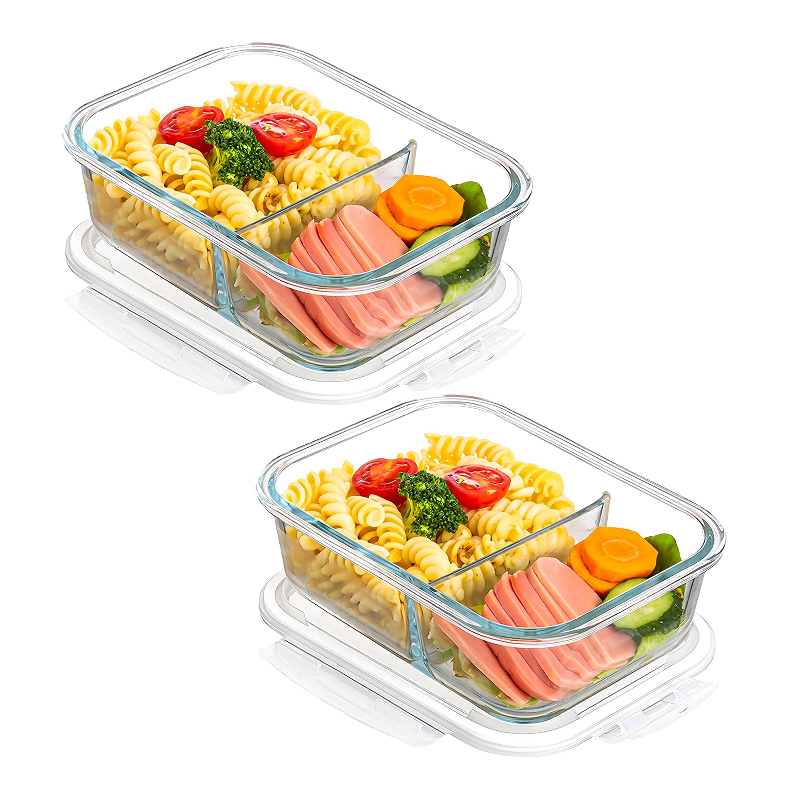 LEKEFETO 2 Stück Meal Prep Boxen Glas: Glasbehälter mit Deckel mit 2 Fächer, Glass Meal Prep Containers 1040ml, Glas Frischhaltedosen BPA-Frei, Luftdicht, für Spülmaschine, Mikrowelle, Ofen