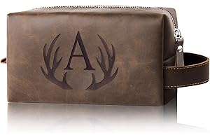 Aganmi Personalized Toiletry Bag for Men Engraved Initial Cool Gifts for Dad Husband Boyfriend Grandpa Son PU Leather Waterproof Shaving Bag for Toiletries Accessories Travel Essentials (A)