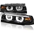 Spec-D Tuning Black LED Dual Halo Projector Headlights Compatible with 1995-2001 BMW E38 7-Series, Left + Right Pair Headlamps Assembly