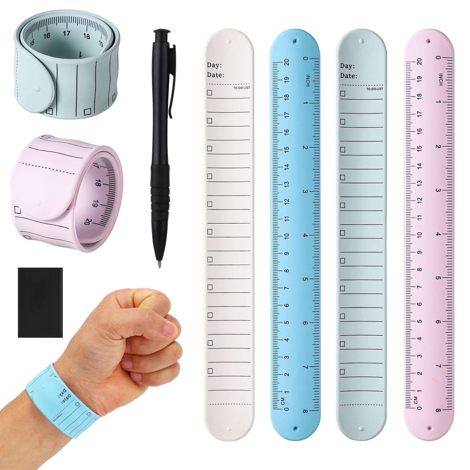 lasuroa 4pcs Wrist Notepad, 9.37x1.18x0.1in Silicone Notes Memo Wristband Erasable Wearable to Do List Bracelet with Pen Eraser Ruler for Students Nurses Daily Study Work