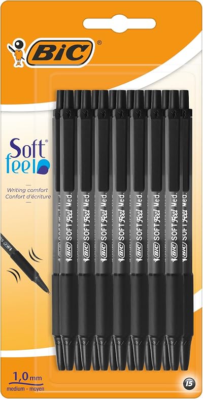 BIC Soft Feel Ballpoint Pens 1.0mm Retractable Black Grip Pack of 15