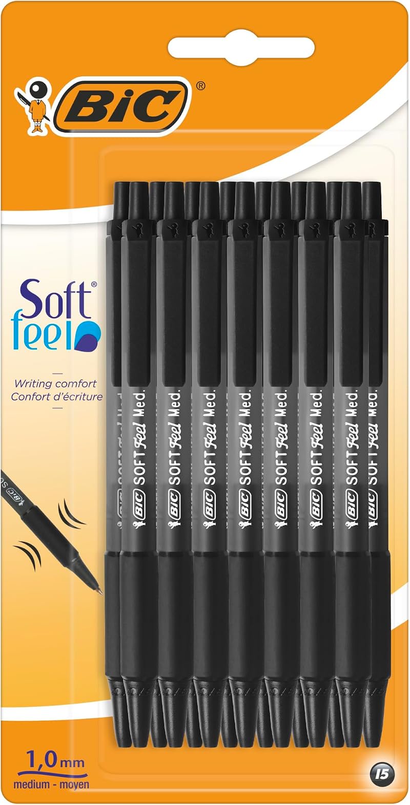 BIC Soft Feel Ballpoint Pens 1.0mm Retractable Black Grip Pack of 15