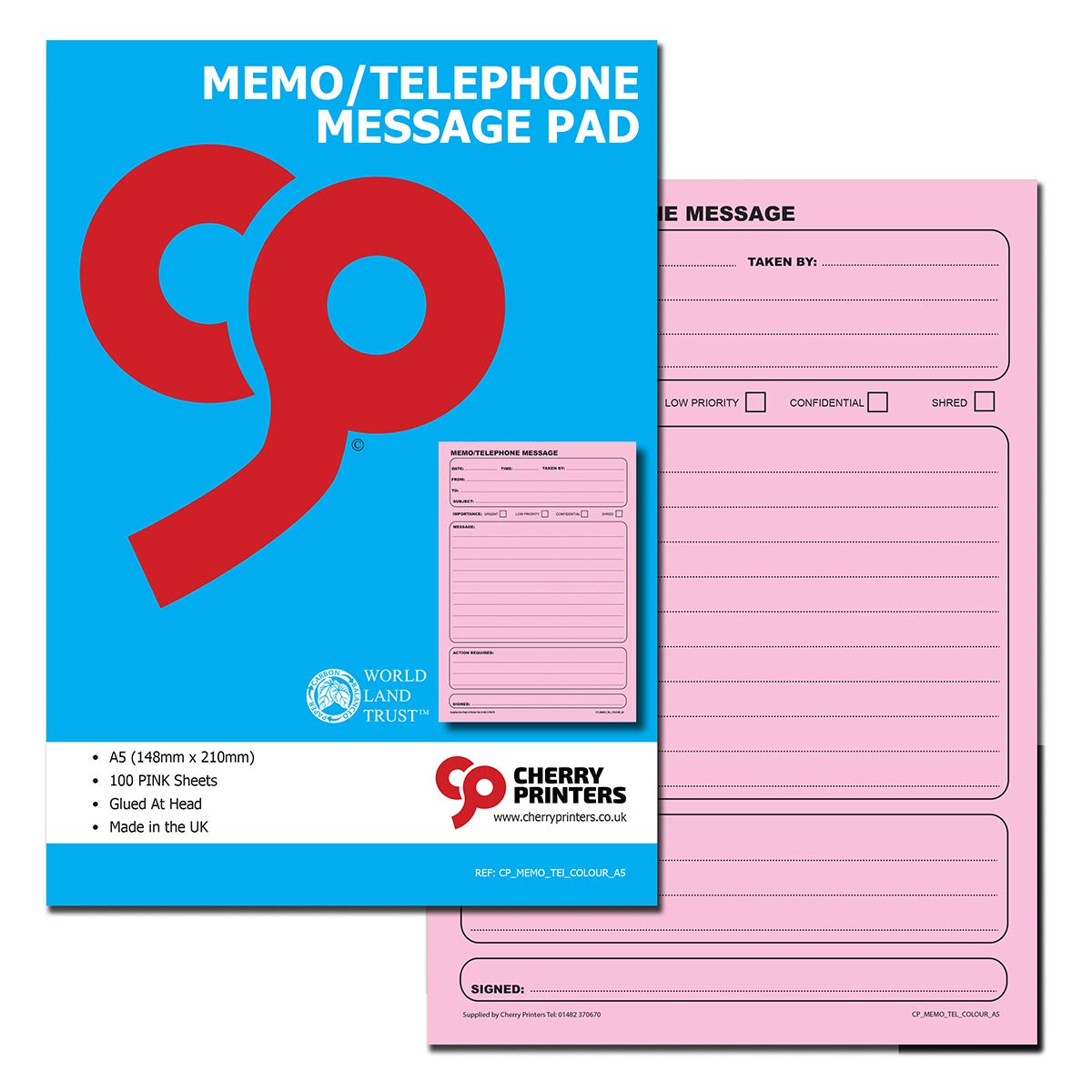 Cherry Memo Book/Telephone Message Pad A5 100 Coloured pages 80gsm (Pink)