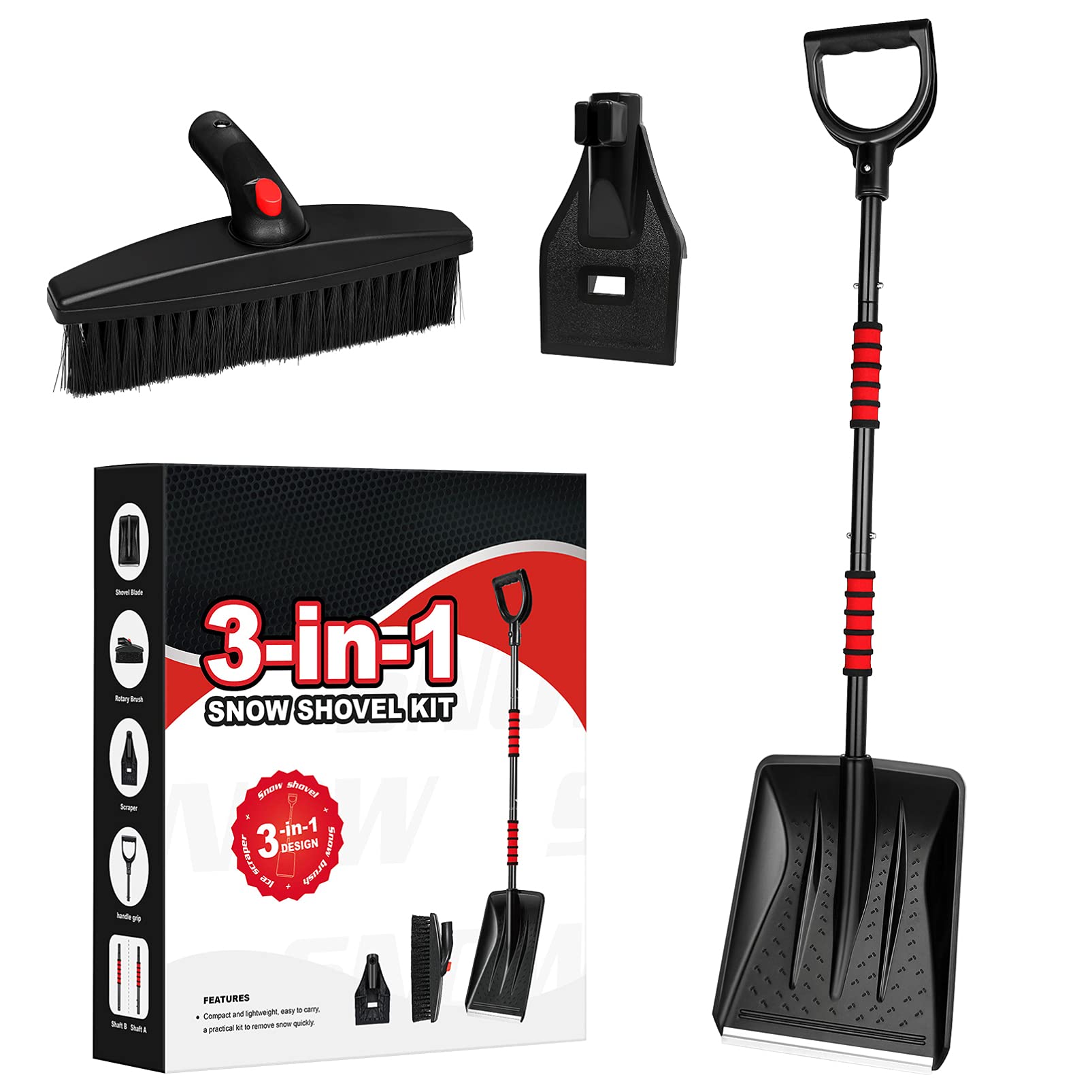 YARNOW Snow Shovel 3 in 1 Snow Removal Tools, Detachable, Adjustable Car Snow Brush and Ice Scraper