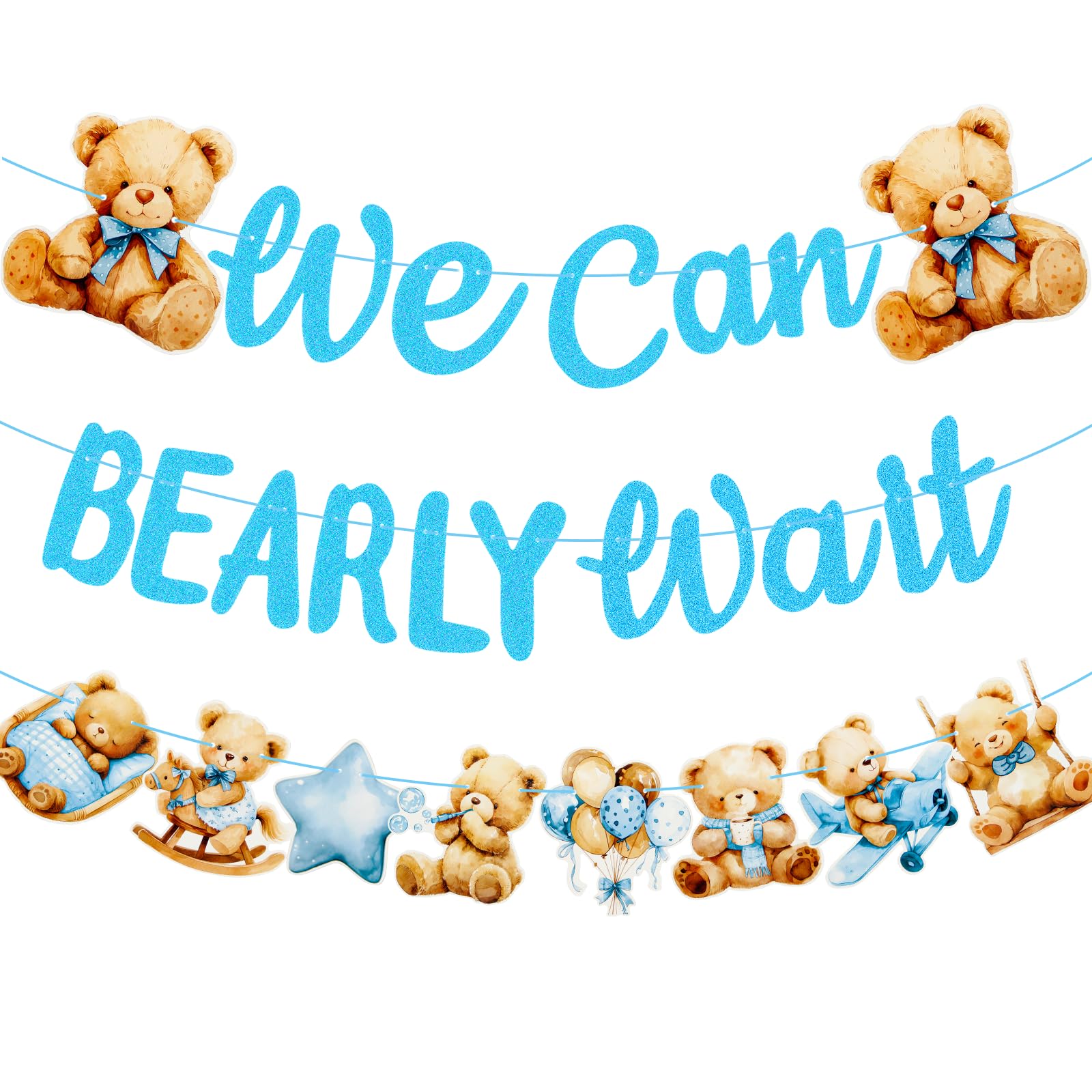 Photo 1 of 3PCS We Can Bearly Wait Party Banner, Pre-Strung Blue Bear Theme Party Banner Garland Decorations for Boy Baby Shower Decor