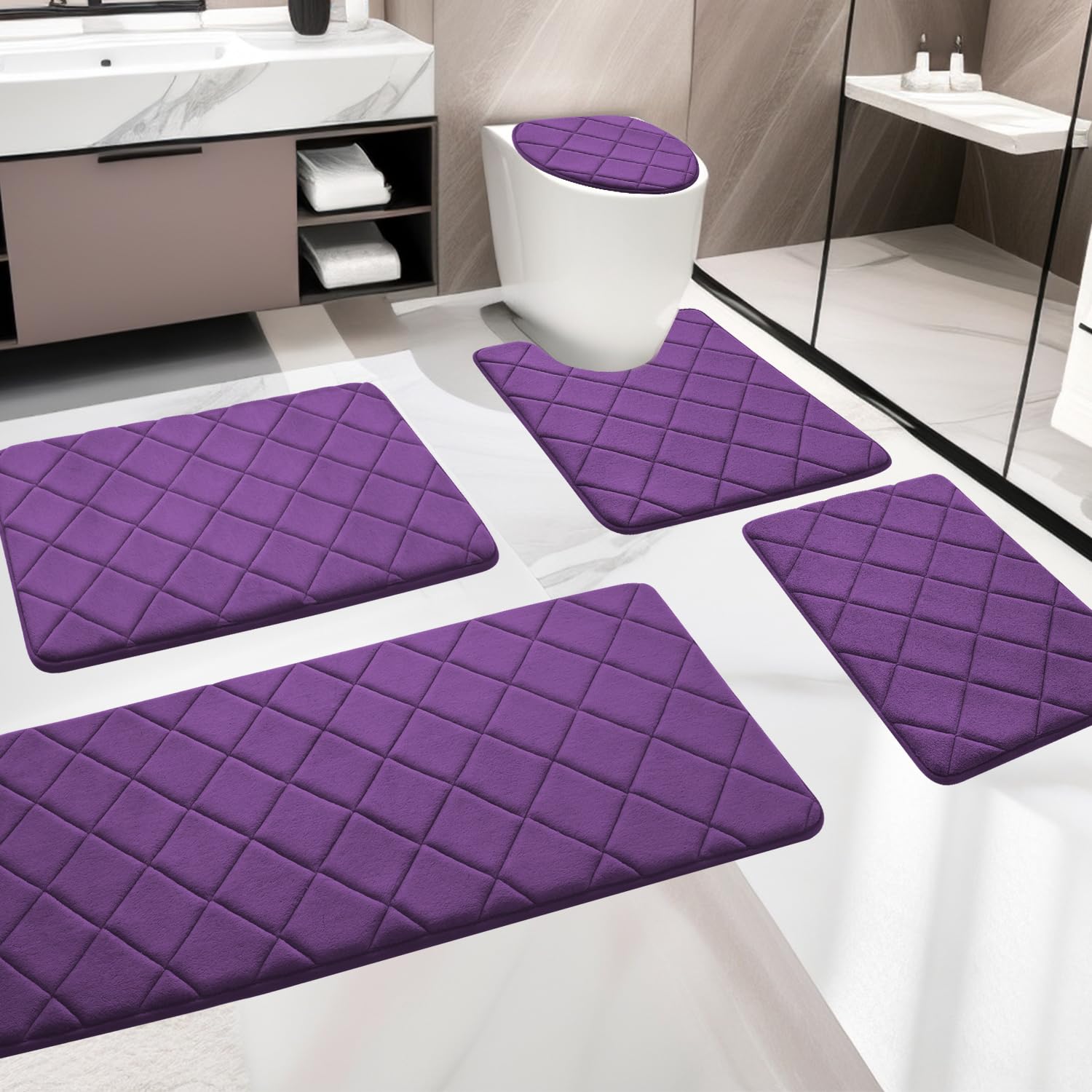 Photo 1 of YIHOUSE Purple Bathroom Rug Set 5 Piece, Soft Non Slip Memory Foam Bathroom Rugs, Machine Wash Bathroom Mat, Water Absorbent Bath Rug Set for Tub, Toilet and Floor (Purple)