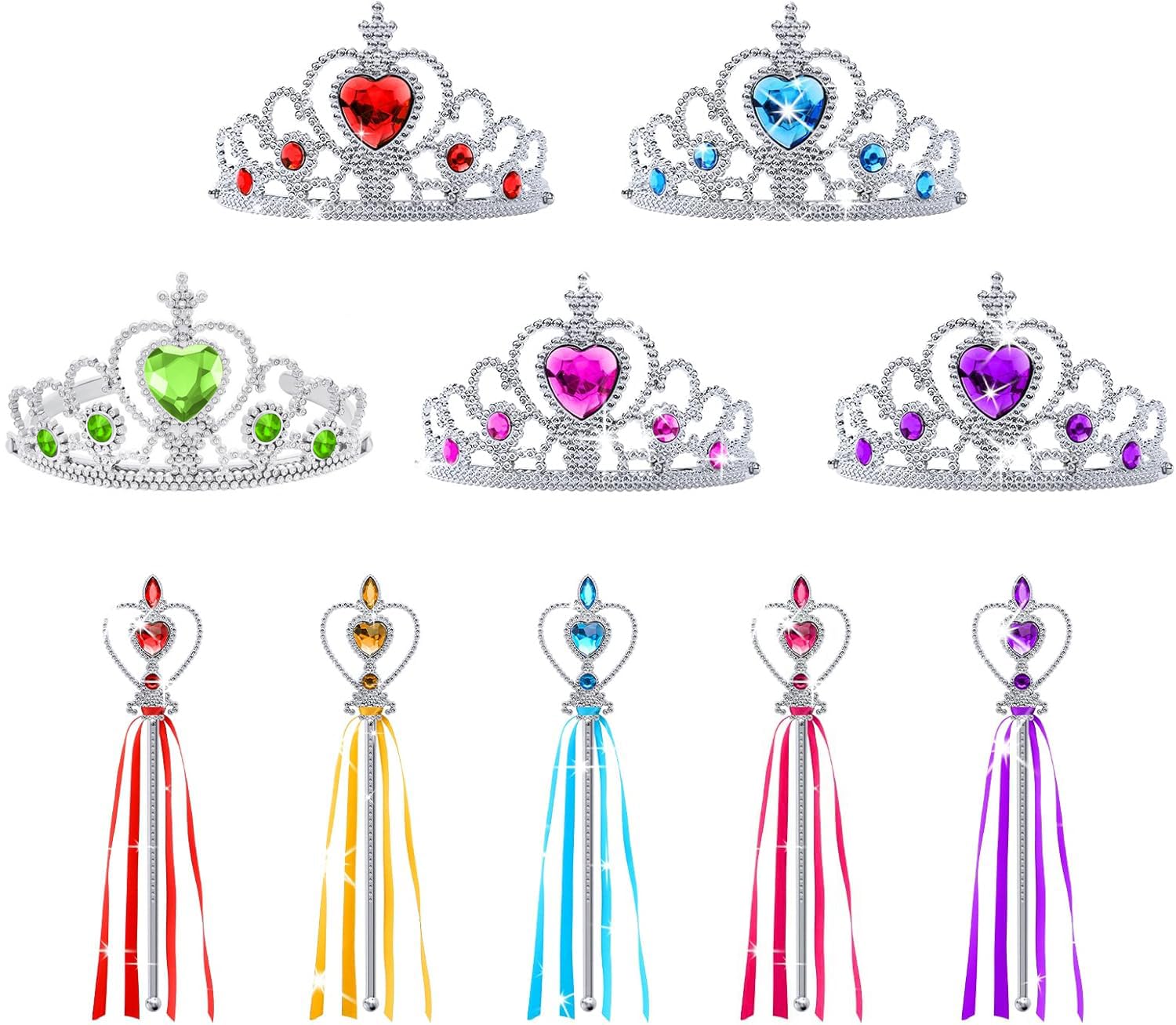 Aomig Princess Dress Up Accessories Set, 10 Piece Elsa Costume Jewellery Toys with Princess Crown Tiara and Magic Wand, Elsa Princess Dress Up for Girls Birthday Party Halloween Cosplay