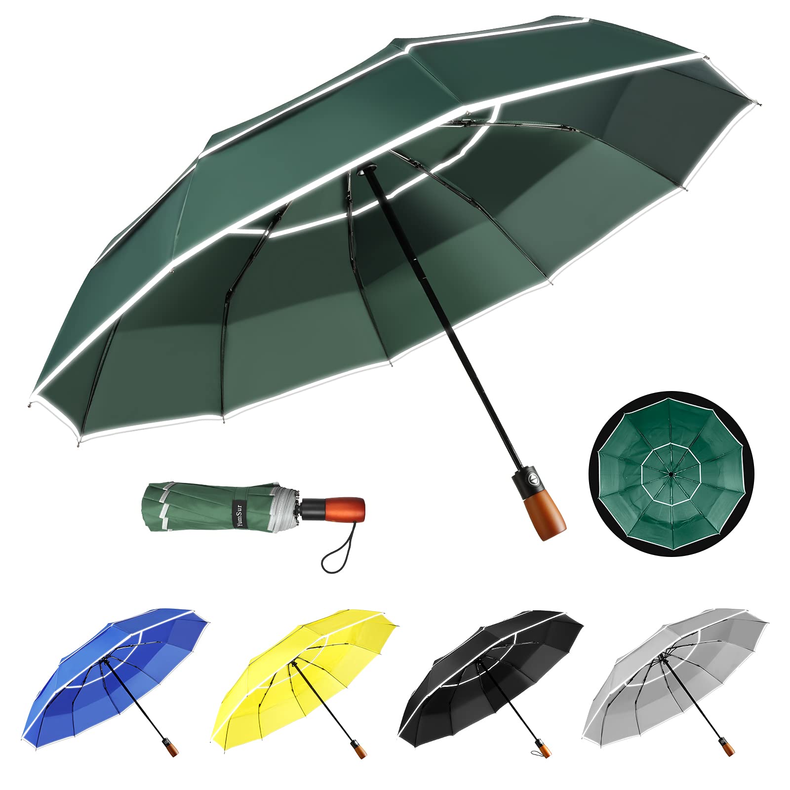 YumSur Automatic Windproof Umbrella,Compact Strong and Portable Umbrella, Double Canopy, Non-slip Handle, Travel Folding Umbrella with Reinforced Frame For Men & Women Raininy Days Night Time Use