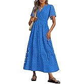 PRETTYGARDEN Womens 2026 Summer Maxi Dress Short Sleeve V Neck Hollow Out Eyelet A Line Long Flowy Beach Vacation Dresses