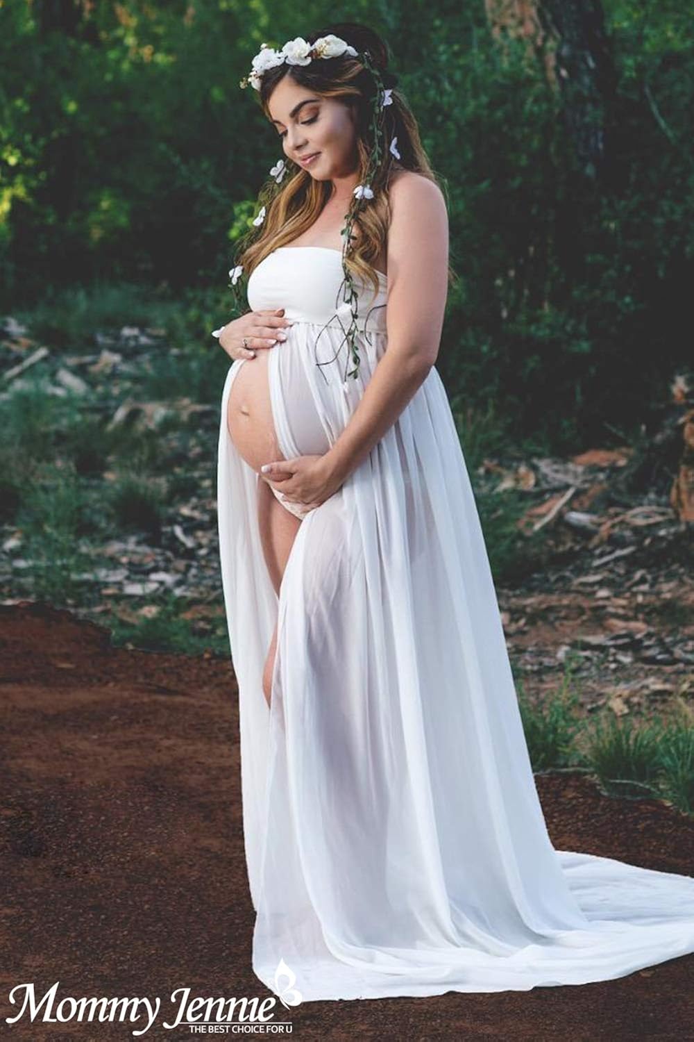 White Maternity Off Shoulder Tube Chiffon Gown Split Front Strapless Maxi Pregnancy Photography Dress for Photo Shoot and Baby Shower at  Women’s Clothing store