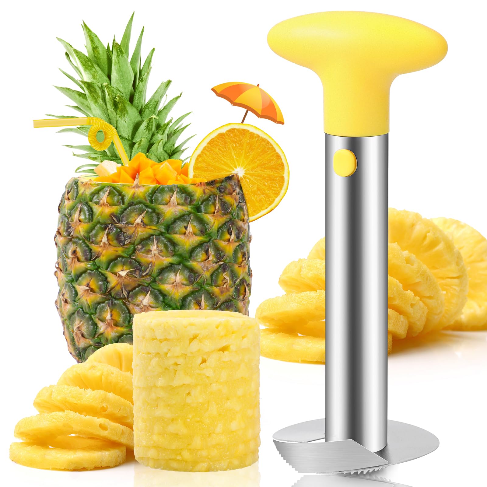 Photo 1 of AUBENR Premium Pineapple Corer and Slicer Tool - Sharp Pineapple Cutter with Serrated Tips - Easy to Use and Clean - Stainless Steel Core Remover for Pineapple - Core Fruits with Ease(Yellow)