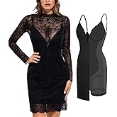 Popilush Lace Long Sleeve Dress - Shapewear Formal Mother of Bride Dresses Sheer Mesh Wedding Guest Mini Dress for Women