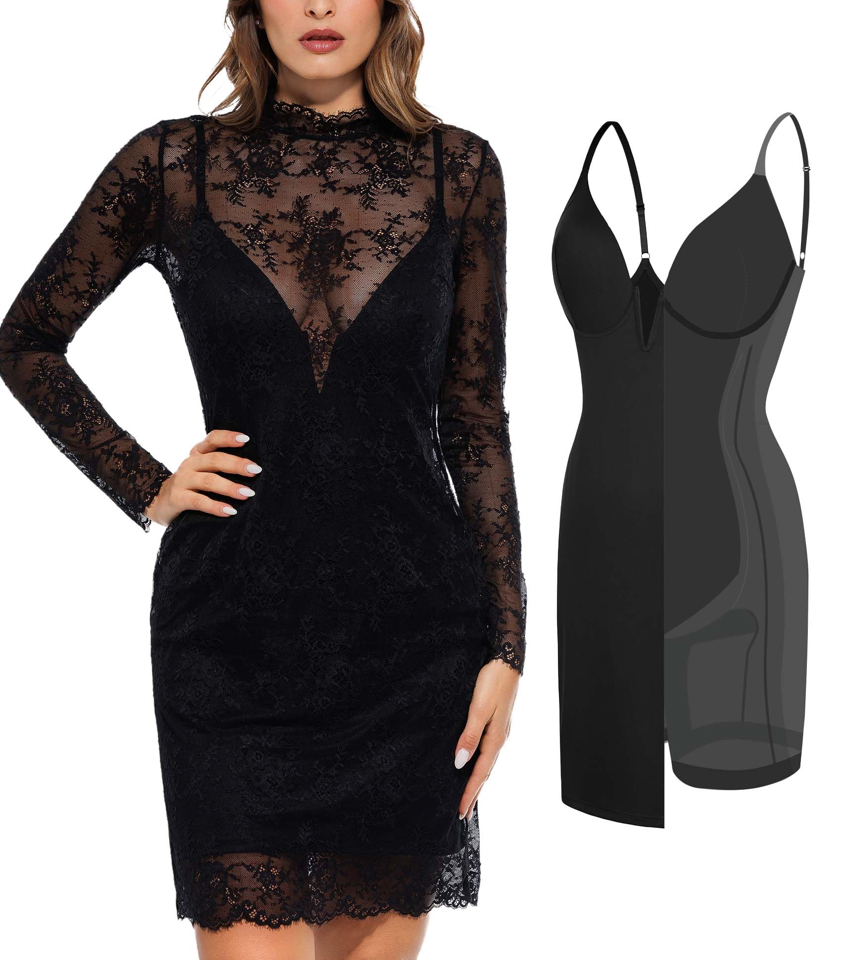 Photo 1 of Popilush Lace Long Sleeve Dress - Shapewear Formal Mother of Bride Dresses Sheer Mesh Wedding Guest Mini Dress for Women Black
