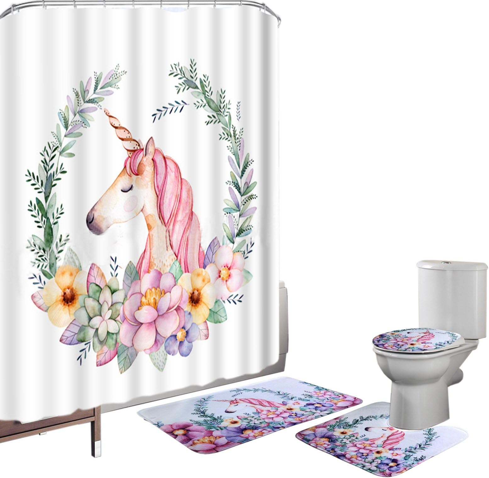 Amagical 16 Pieces Shower Curtain Set Bathroom Mat Set Unicorn Printed Bath Mat Contour Mat Toilet Cover Shower Curtain 12 Hooks
