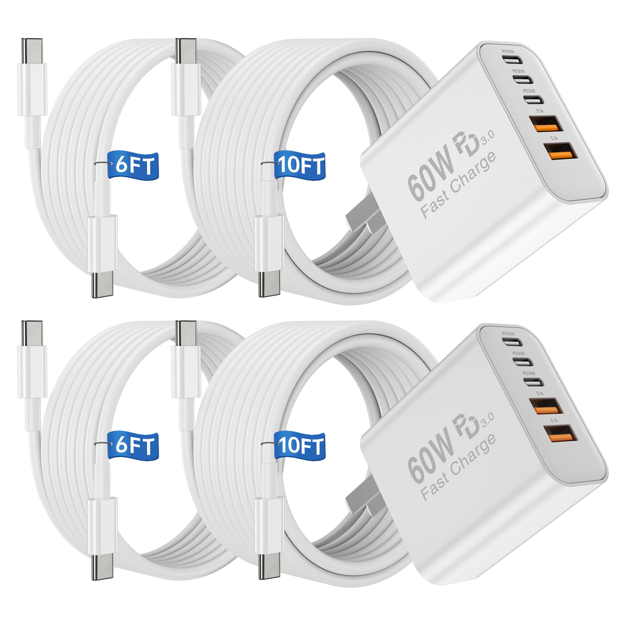 USB C Fast Charger Block, 60W 5-Port Type C Charging Block Plug and 6ft 10ft Long USB C Cable for Apple iPhone 17 Pro Max/17 Air/16 Pro/15 Plus/iPad mini Air/Samsung S26 Wall Power Adapter Cube Brick