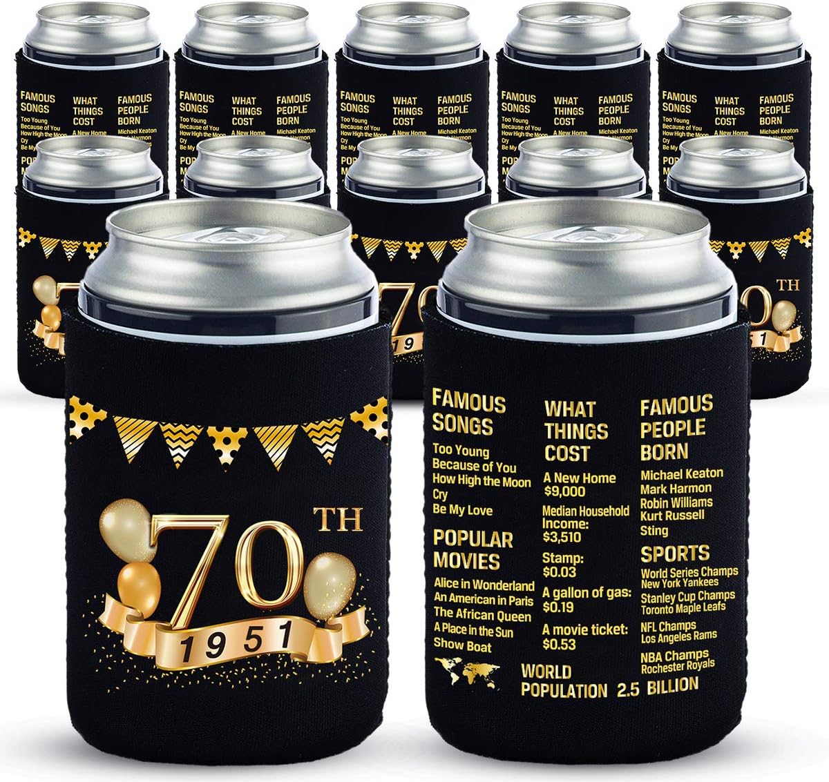 Yangmics 70th Birthday Can Cooler Sleeves Pack of 12-1951 Sign - 70th Anniversary Decorations - Dirty 70th Birthday Party Supplies - Black and Gold Seventieth Birthday Cup Coolers