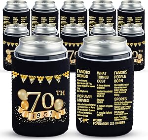 Yangmics 70th Birthday Can Cooler Sleeves Pack of 12-1951 Sign - 70th Anniversary Decorations - Dirty 70th Birthday Party Supplies - Black and Gold Seventieth Birthday Cup Coolers