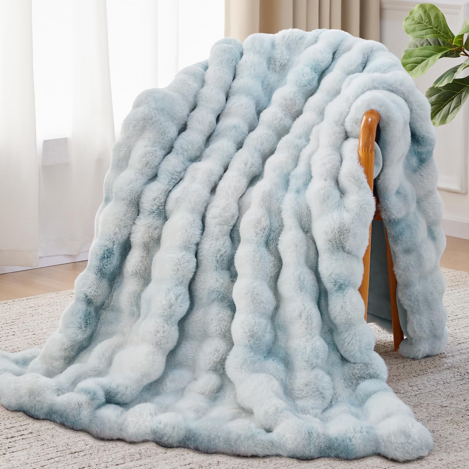 Photo 1 of Anysay Faux Fur Throw Blanket, 1000GSM Fluffy Soft Bubble Blanket for Couch Bed, Cozy Plush Warm and Thick Blanket, Fuzzy Rabbit Lola Throw for Living Room Bedroom 50''*60'' Tie-dye Blue